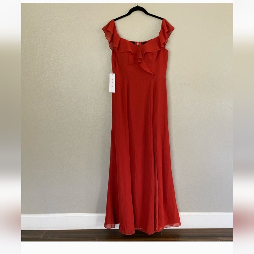 AZAZIE Sophie Rust Orange Formal dress with off the shoulders sleeves SIZE A10